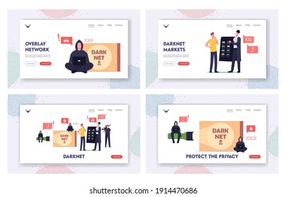 Dark Net Landing Page Template Set. Male Character User Choose Forbidden Content At Criminal In Black Cloak And Hat. Hacker, Cyber Crime Darknet Virtual Service. Cartoon People Vector Illustration