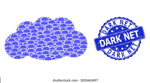 La red oscura arañó la imitación de focas redondas y la nube de mosaicos fractales vectoriales. El sello azul tiene el título Red Oscura dentro de forma redonda. El mosaico vectorial se compone de elementos de nube aleatorizados.