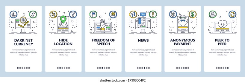 Dark net web site and mobile app onboarding screens. Menu banner vector template for website and application development. Bitcoin dark net currency, anonymous peer to peer connection. Thin line art.