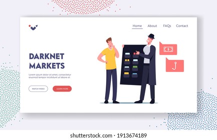 Dark Net,Cyber Market Darknet Service, Virtual Technologies Landing Page Template. User Character Choose Forbidden Content At Criminal Dealer In Black Cloak And Hat. Cartoon People Vector Illustration