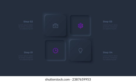 Dark neumorphic buttons for infographic. Template for diagram, graph, presentation and chart. Skeuomorph concept with 4 options, parts, steps or processes