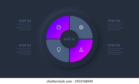 Dark neumorphic circle for infographic. Template for diagram, graph, presentation and chart. Skeuomorph concept with 4 options, parts, steps or processes.
