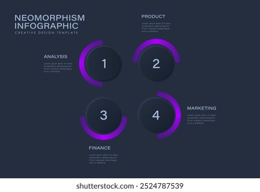 Círculos neumórficos escuros para infográfico. Modelo para diagrama, gráfico, apresentação e gráfico. Conceito de Skeuomorph com 4 opções, partes, etapas ou processos.