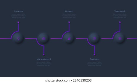 Dark neumorphic concept of development process with 5 steps, options, parts or processes. Infographic timeline