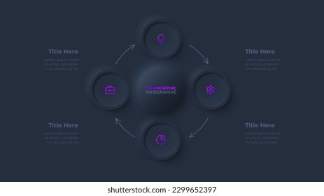 Diagrama de ciclo neumórfico oscuro para infografía. Concepto de Skeuomorph con 4 opciones, partes, pasos o procesos