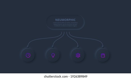 Dark neumorphic element for infographic. Template for diagram, graph, presentation and chart. Skeuomorph concept with 4 options, parts, steps or processes.