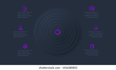 Dark neumorphic element for infographic. Template for diagram, graph, presentation and chart. Skeuomorph concept with 6 options, parts, steps or processes.
