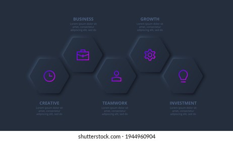 Dark neumorphic element for infographic. Template for diagram, graph, presentation and chart. Skeuomorph concept with 5 options, parts, steps or processes.