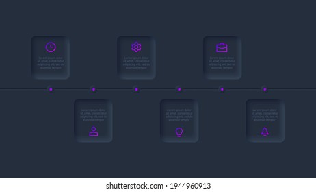 Dark neumorphic element for infographic. Template for diagram, graph, presentation and chart. Skeuomorph timeline with 6 options, parts, steps or processes.