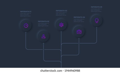 Dark neumorphic element for infographic. Template for diagram, graph, presentation and chart. Skeuomorph concept with 5 options, parts, steps or processes.