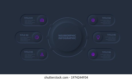 Dark neumorphic element for infographic. Template for diagram, graph, presentation and chart. Skeuomorph concept with 6 options, parts, steps or processes.