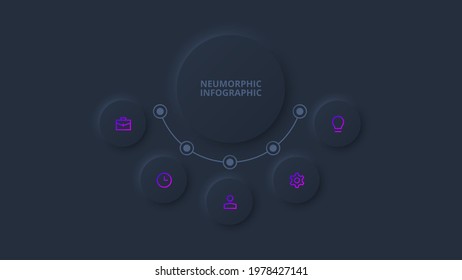 Dark neumorphic flow chart infographic. Template for diagram, graph, presentation and chart. Skeuomorph concept with 5 options, parts, steps or processes.