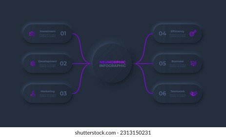 Dark neumorphic flowchart infographic. Business data visualization with 6 steps. Concept of development process