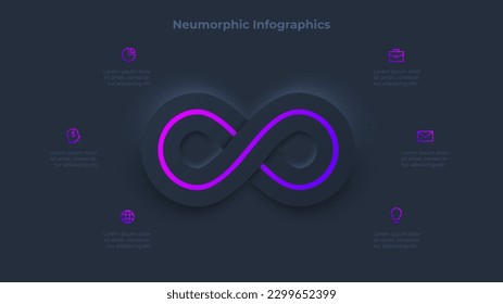 Dark neumorphic infinity Infografik. Visualisierung von Geschäftsdaten in 6 Schritten. Konzept des Entwicklungsprozesses