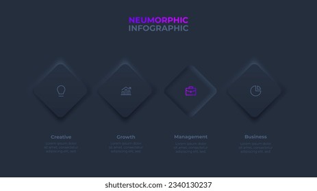 Dark neumorphic infographic with 4 steps, options, parts or processes. Rhombuses are arranged horizontally in a row. Button click visualization