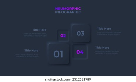 Dark neumorphic infographic design template. Four square elements. Concept of 4 steps of business data processing