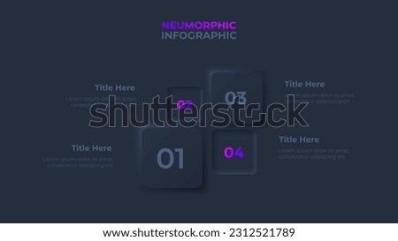 Dark neumorphic infographic design template. Four square elements. Concept of 4 steps of business data processing