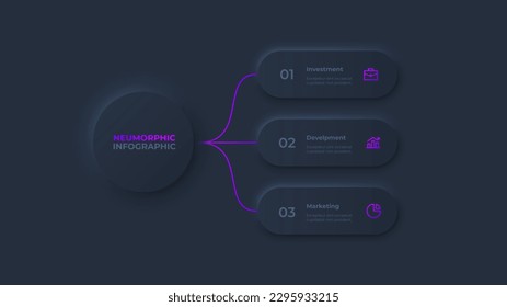 Dark neumorphic infographic flowchart design template. Business data visualization with 3 options