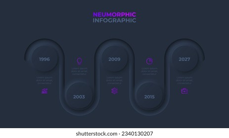 Dark neumorphic infographic timeline design template. Concept of development process with 5 steps, options, parts or processes