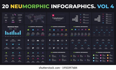 Dark Neumorphic Infographics. Vector Business Timeline Info Graphic. Presentation Graph, Diagram Template. 3, 4, 5, 6, 7, 8 Steps.