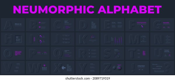 Dark neumorphic letters and numbers slides with infographic elements. Vector presentation for your typography design.