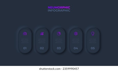 Elementos neumórficos oscuros redondeados colocados en fila horizontal. Plantilla de diseño de infografía con 5 opciones, pasos a procesos