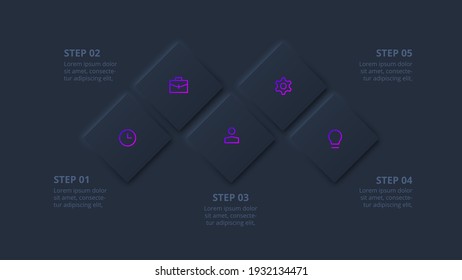 Dark neumorphic squares for infographic. Template for diagram, graph, presentation and chart. Skeuomorph concept with 5 options, parts, steps or processes.