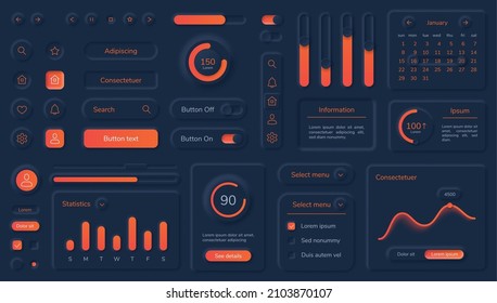 Dark neumorphic user interface elements with neon buttons and bars. Black neumorphism style dashboard design, mobile app ui kit vector set. Different charts, week statistics template