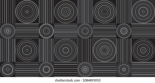 Dark neutral gray geometric seamless background pattern with concentric circles and parallel lines.  Grayscale tiled vector pattern of abstract shapes and squares.