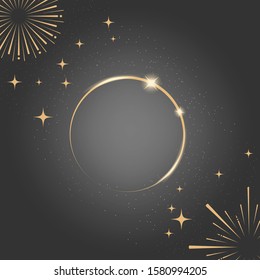 Dark new year gold design background with glowing particles and stars. Gold firework, circle and rectangle design frame for text. Background for greeting template and social media post