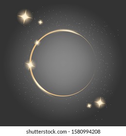 Dark new year gold design background with glowing particles and stars. Gold firework, circle and rectangle design frame for text. Background for greeting template and social media post