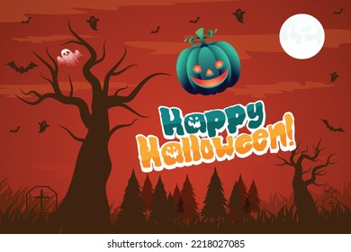 Dark nigh halloween wallpaper with dead trees, graveyard and scary pumpkin