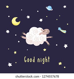Dark night background with cartoon sheep, moon, stars and comet. Vector illustration with cute lamb and text Good night.