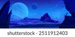 Dark night blue alien planet surface with desert and rock cliff mountains. Cartoon vector fiction outer space landscape with big stones and celestial bodies in sky for game level background.