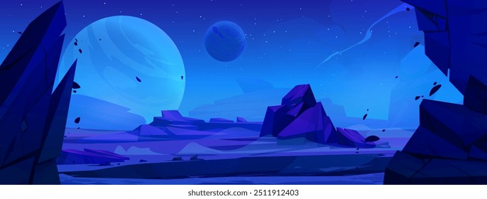 Dark night blue alien planet surface with desert and rock cliff mountains. Cartoon vector fiction outer space landscape with big stones and celestial bodies in sky for game level background.