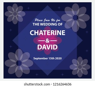 Dark night dark blue with wedding invitations star glittering vectors. The background of puith and pink flowers. White writing
