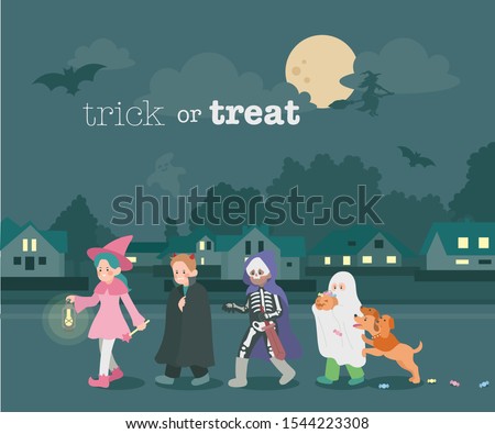 Dark night children walk down the street in Halloween costumes. hand drawn style vector design illustrations. 