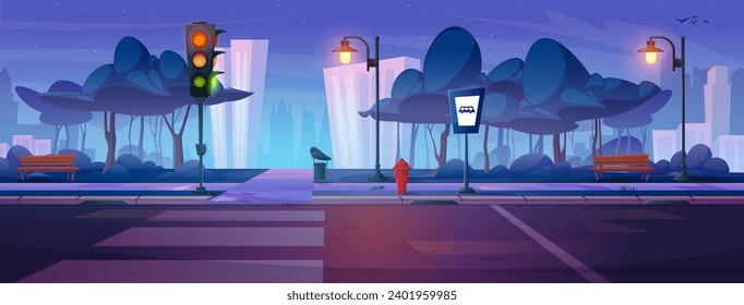 Dark night city street sidewalk near public park with pedestrian walkway across road, traffic light and bus stop sign. Cartoon vector illustration of empty evening pavement near highway with crosswalk