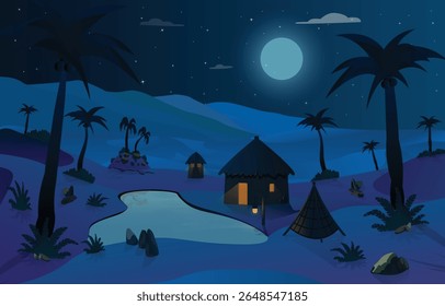 Casa de campo de deserto noite escura, lago pequeno, pinheiros nas areias, ilustração vetorial de desenho animado paisagem fundo