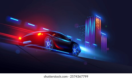 Dark in night electric car with headlight on high speed running concept. Fast silhouette car with neon light motion. Race of modern back side view super car on night street city. Vector illustration.