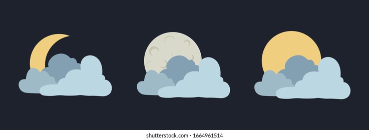 Dark night flat icon symbol sky background with clouds, sun and full moon and crescent moon. Vector Illustration. EPS 10 format