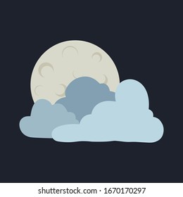 Dark night flat icon symbol sky background with clouds and full moon. Vector Illustration. EPS 10 format