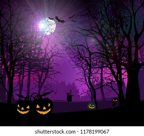 dark night forest Halloween full moon shines through the trees