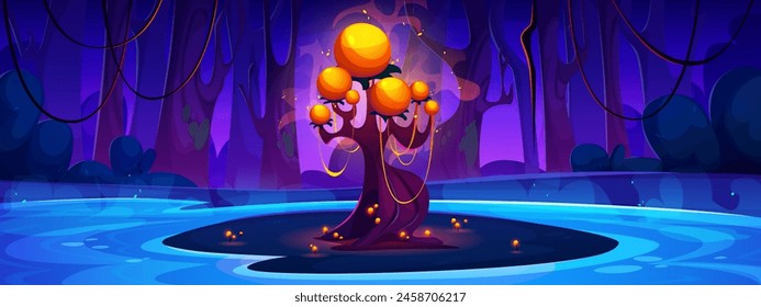 Dark night forest with lake and magic fantasy neon glowing yellow and orange tree and flowers on island. Cartoon vector illustration of fantastic enchanted garden with bizarre alien luminous plant.