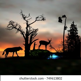 Dark night forest landscape with silhouettes of wild animals and trees. Deer at the lake and lurking wolf