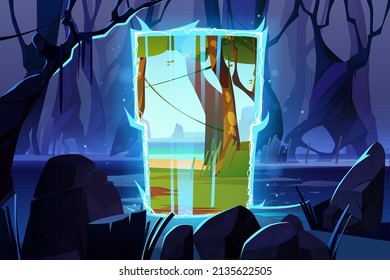 Dark night forest with magic portal to alien world with green grass and river. Vector cartoon fantasy illustration of deep wood landscape with tree trunks, swamp and mystic gates with blue glow