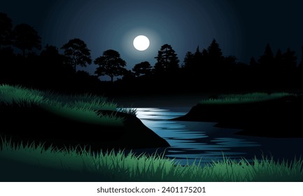 Dark night in forest with river and moonlight