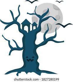 Dark Night Full Moon Concept, Scary Tree with Bet Flying Vector Color Icon Design, Halloween Symbol on White background