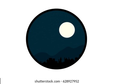 Dark night, full moon over the hills and city
vector cityscape illustration, circle, abstract