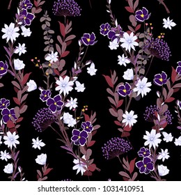 Dark night in the garden Wild meadow flower Seamless Pattern colorful wind blow floral,  On black color. Botanical Floral Decoration Texture. Hand drawn Style Design for Fabric Print, Wallpaper 